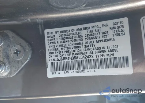 2010 Honda Cr-V Lx from USA, damaged, VIN 5J6RE4H35AL042432